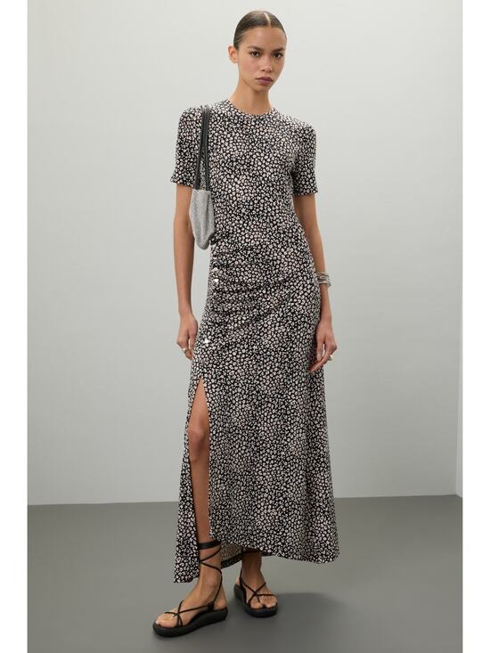 Rabanne Dresses & Skirts - Paco Rabanne Black Floral Jersey Short Sleeve Crewneck Midi Dress Size XXL